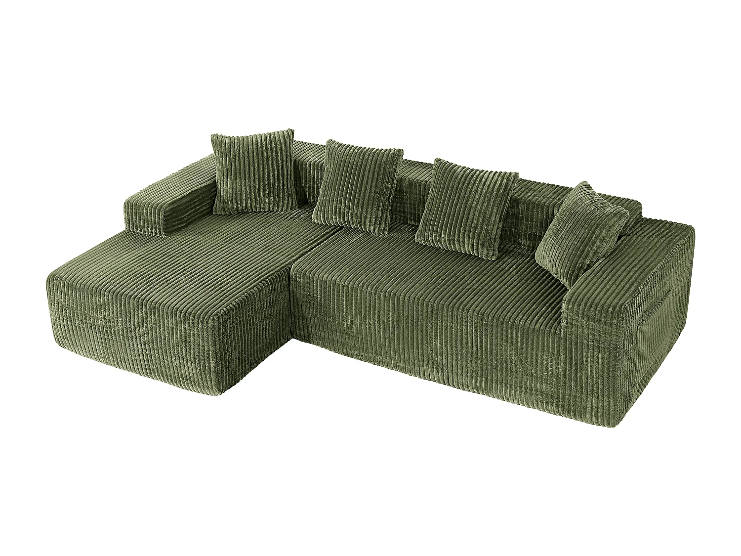 Modulares Ecksofa Links - in Rippvelours Grün - 3-sitzig - mit 4 Kissen und Liegefläche - 261x156x80cm