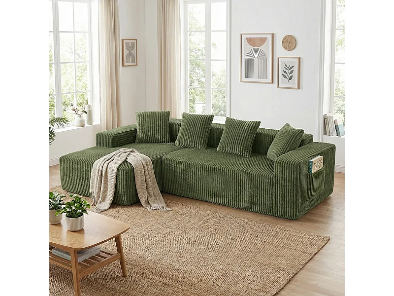 Canapé d'angle gauche modulable - en Velours côtelé Vert - 3 Places - avec 4 Coussins et méridienne - 261x156x80cm