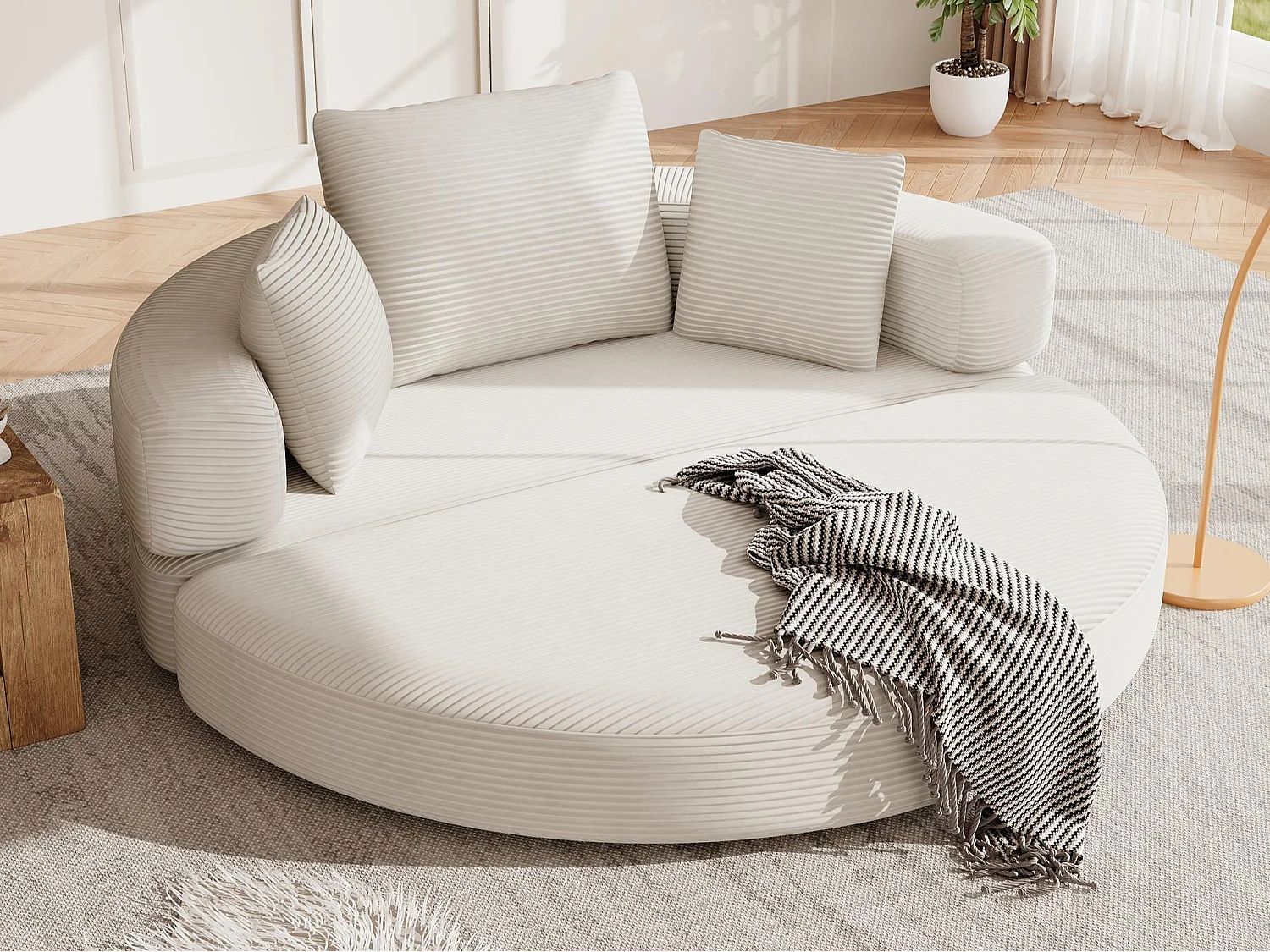Canapé rond pliable 173x176x40cm - avec coussin - tissu en velours côtelé - beige