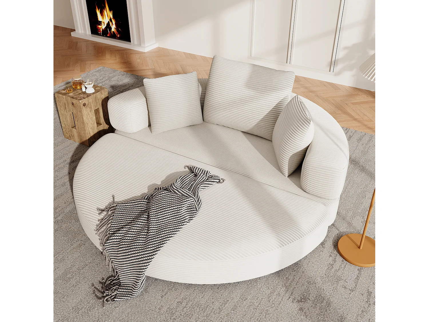 Canapé rond pliable 173x176x40cm - avec coussin - tissu en velours côtelé - beige