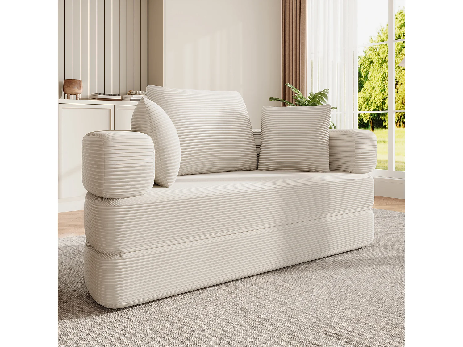 Canapé rond pliable 173x176x40cm - avec coussin - tissu en velours côtelé - beige