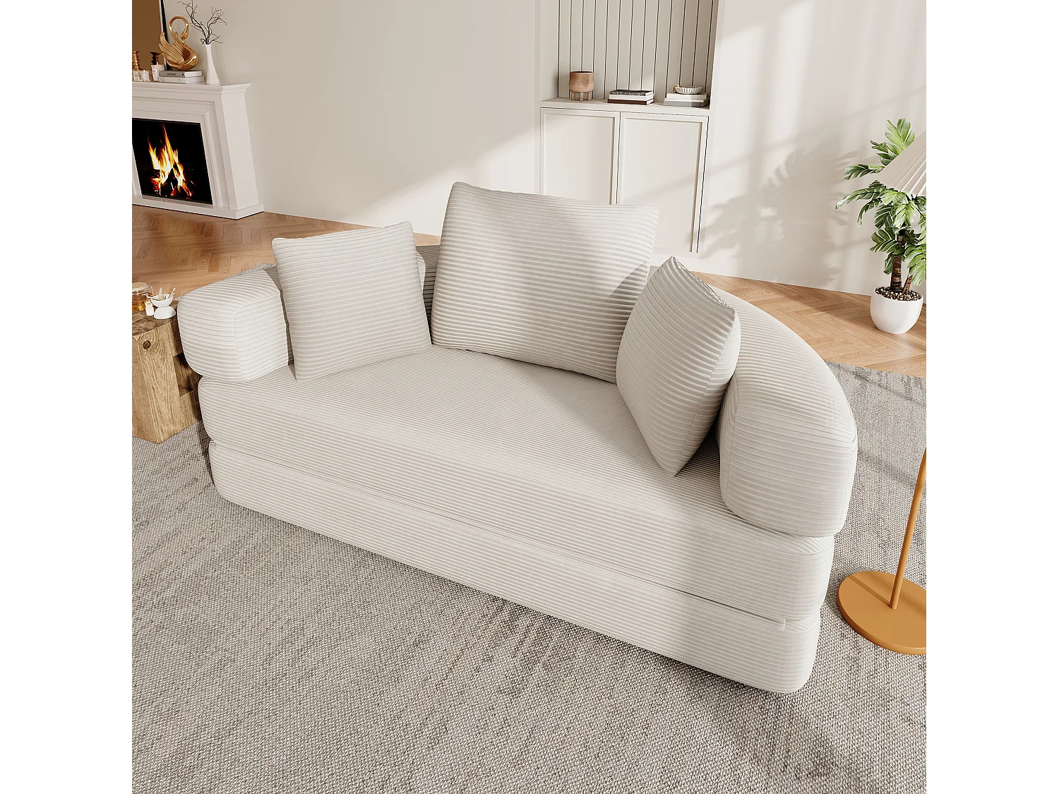 Canapé rond pliable 173x176x40cm - avec coussin - tissu en velours côtelé - beige