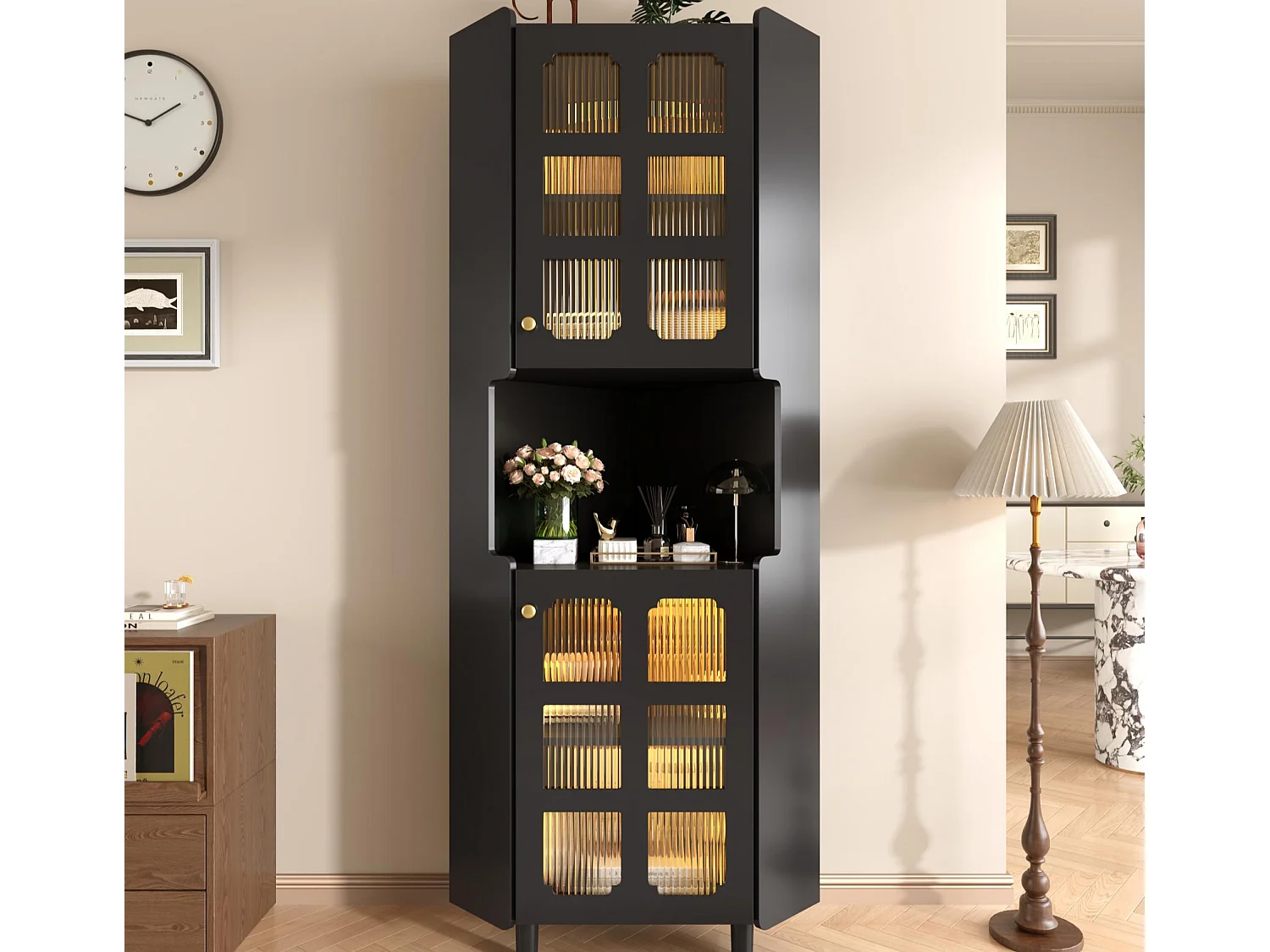 Badezimmer-Ecksäule - mit LED-Beleuchtung - mit 2 Türen - mit 4 Regalböden - mit offenen Regalen - schwarz