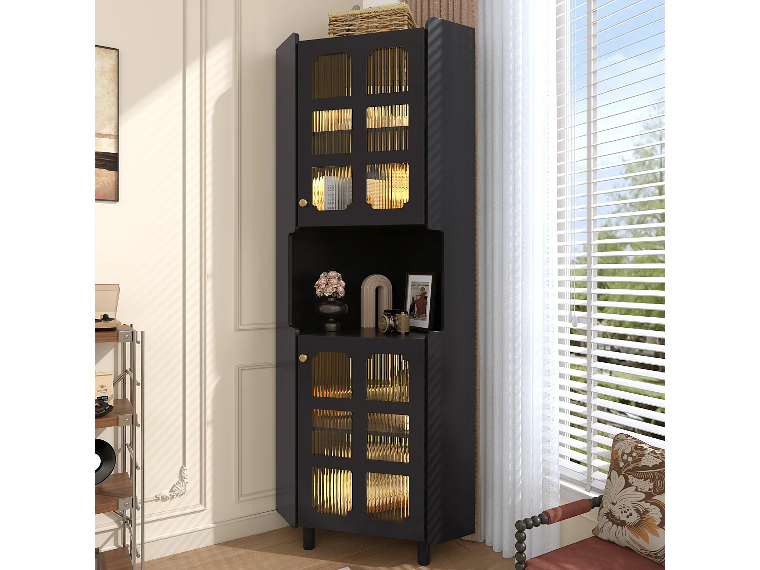 Badezimmer-Ecksäule - mit LED-Beleuchtung - mit 2 Türen - mit 4 Regalböden - mit offenen Regalen - schwarz