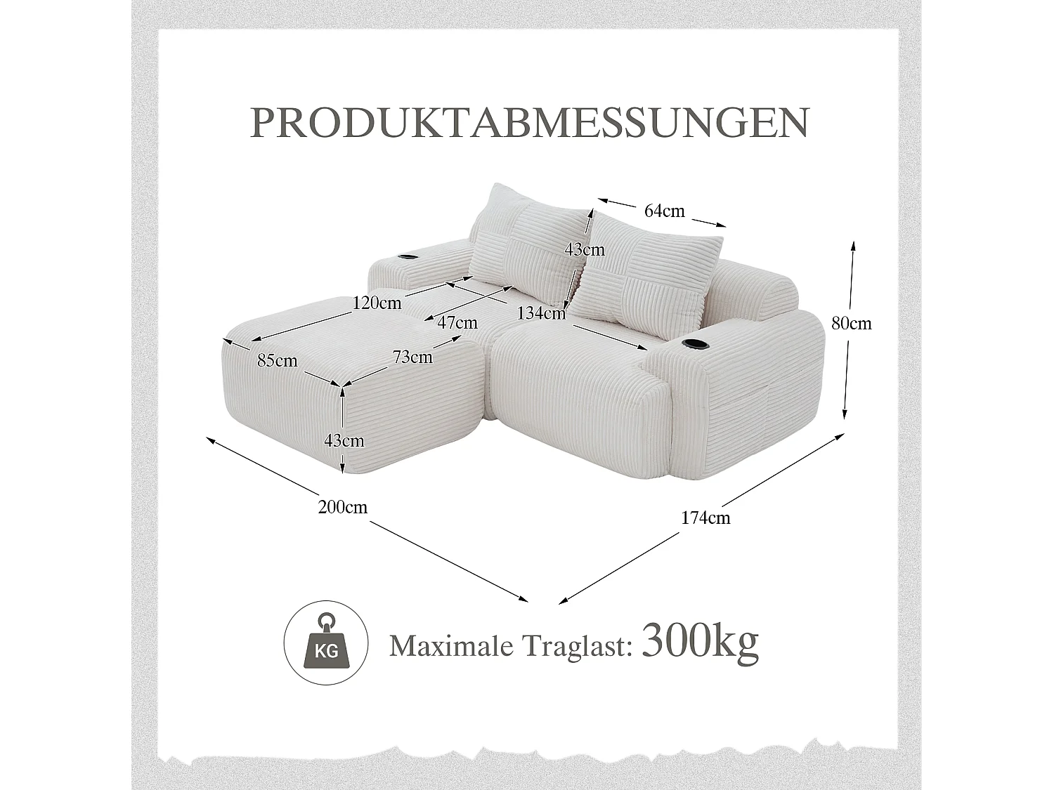 Canapé modulable 2 places - 200 x 174 x 80 cm - avec 1 poufs + porte-gobelets + poche de rangement - velours - beige