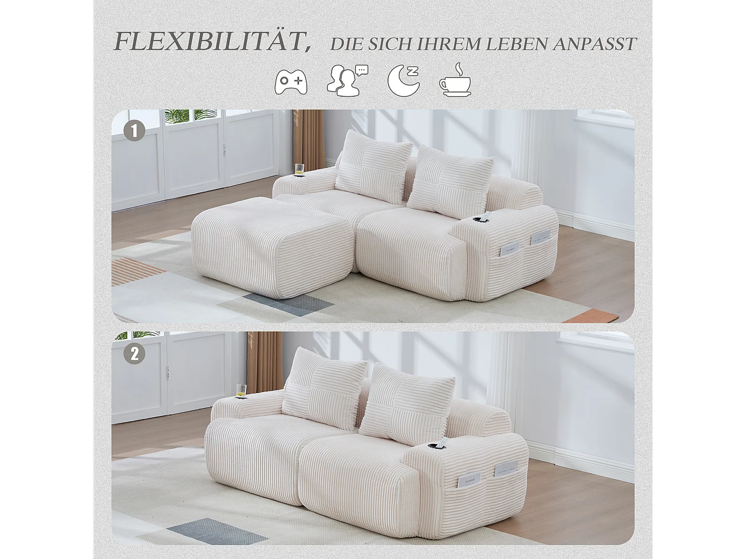 Canapé modulable 2 places - 200 x 174 x 80 cm - avec 1 poufs + porte-gobelets + poche de rangement - velours - beige