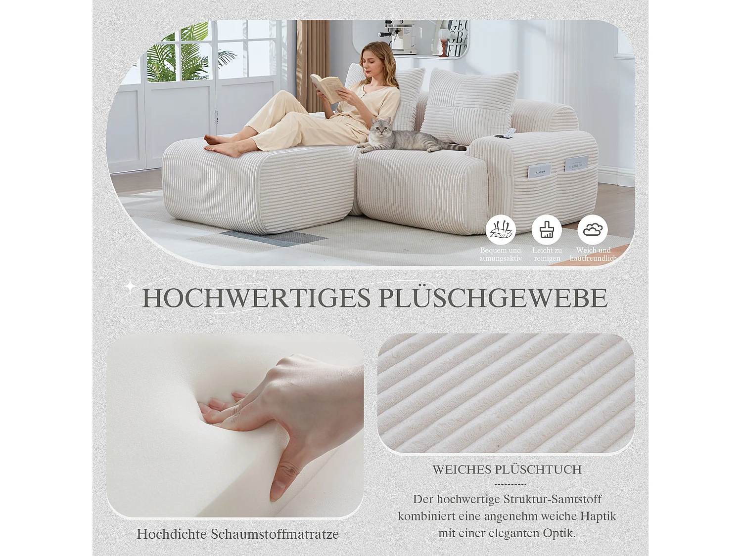 Canapé modulable 2 places - 200 x 174 x 80 cm - avec 1 poufs + porte-gobelets + poche de rangement - velours - beige