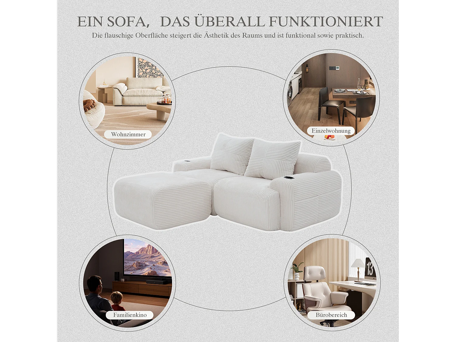 Canapé modulable 2 places - 200 x 174 x 80 cm - avec 1 poufs + porte-gobelets + poche de rangement - velours - beige