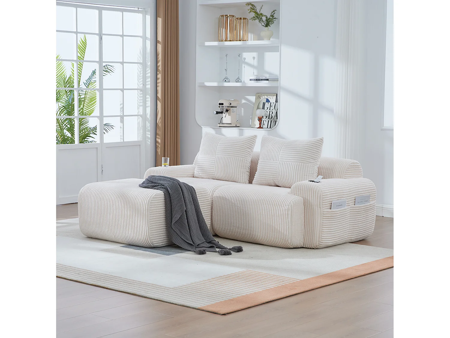 Canapé modulable 2 places - 200 x 174 x 80 cm - avec 1 poufs + porte-gobelets + poche de rangement - velours - beige