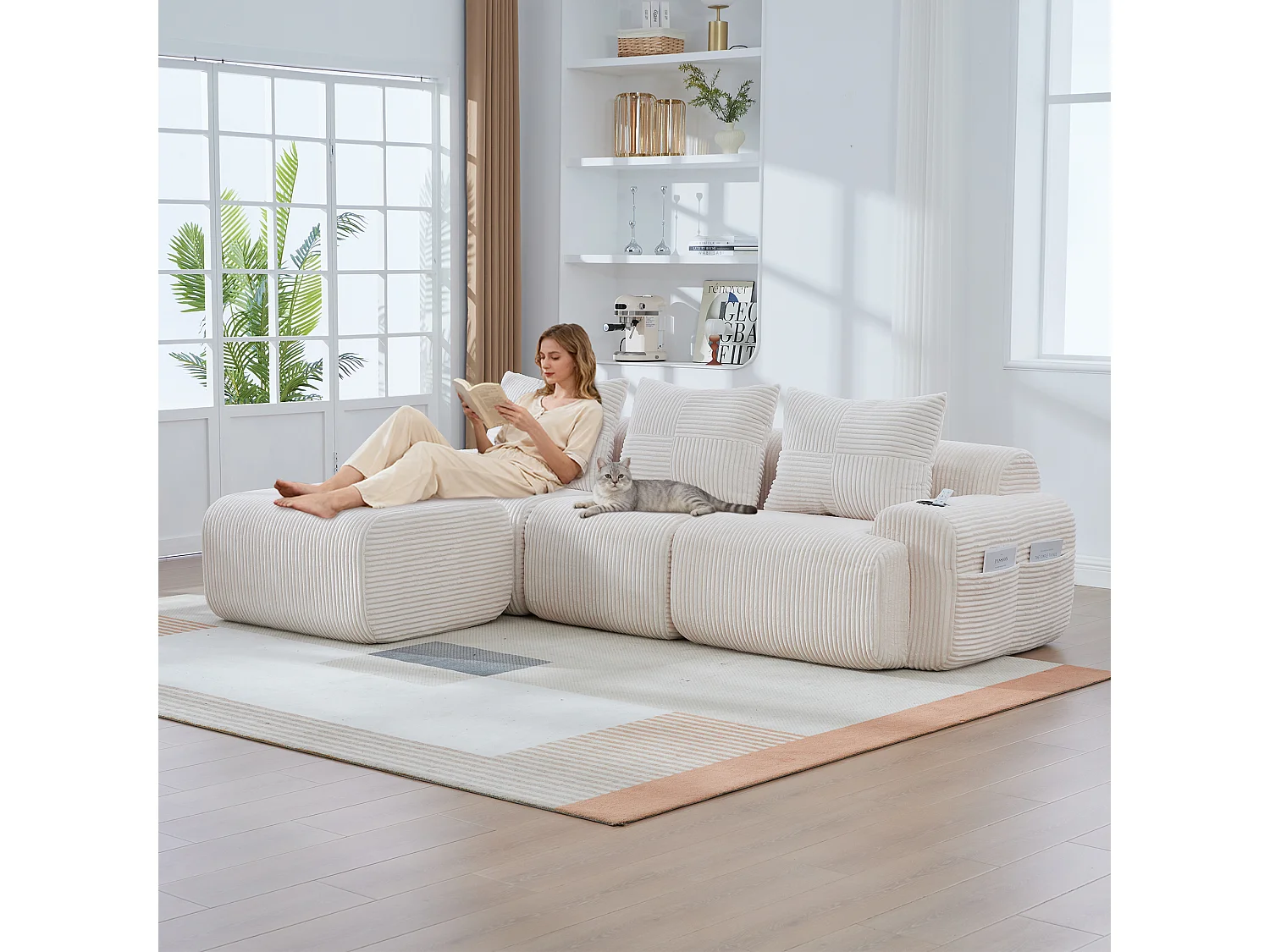 Canapé modulable 3 places - 268 x 174 x 80 cm - avec 1 poufs + porte-gobelets + poche de rangement - velours - beige