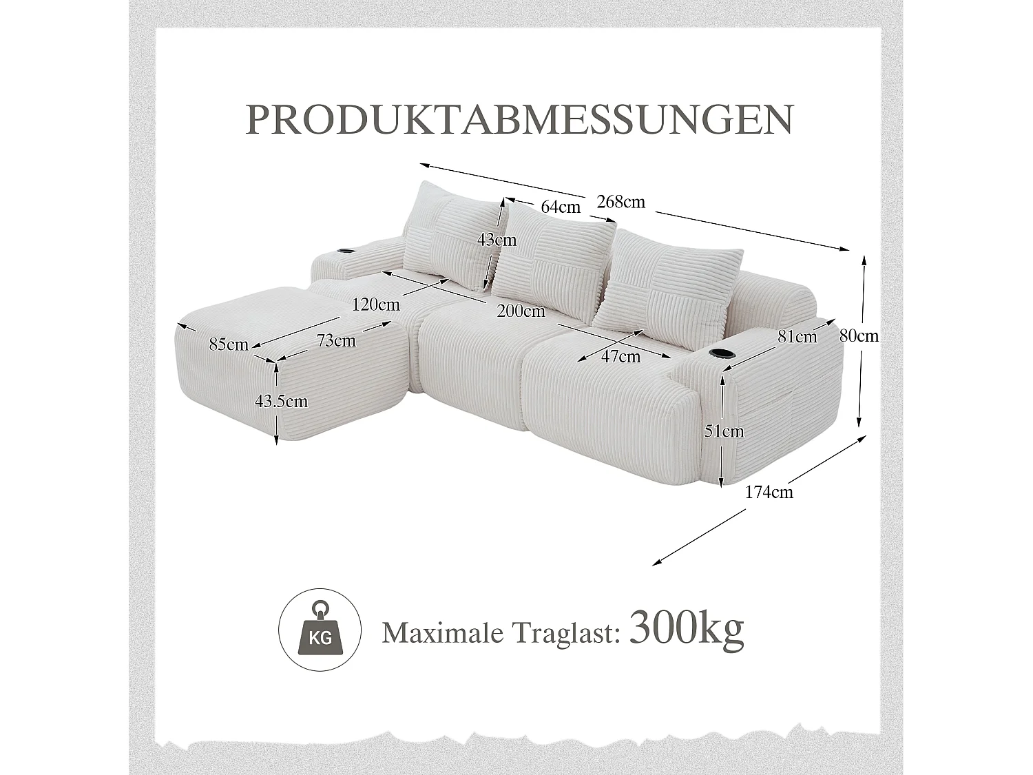 Canapé modulable 3 places - 268 x 174 x 80 cm - avec 1 poufs + porte-gobelets + poche de rangement - velours - beige