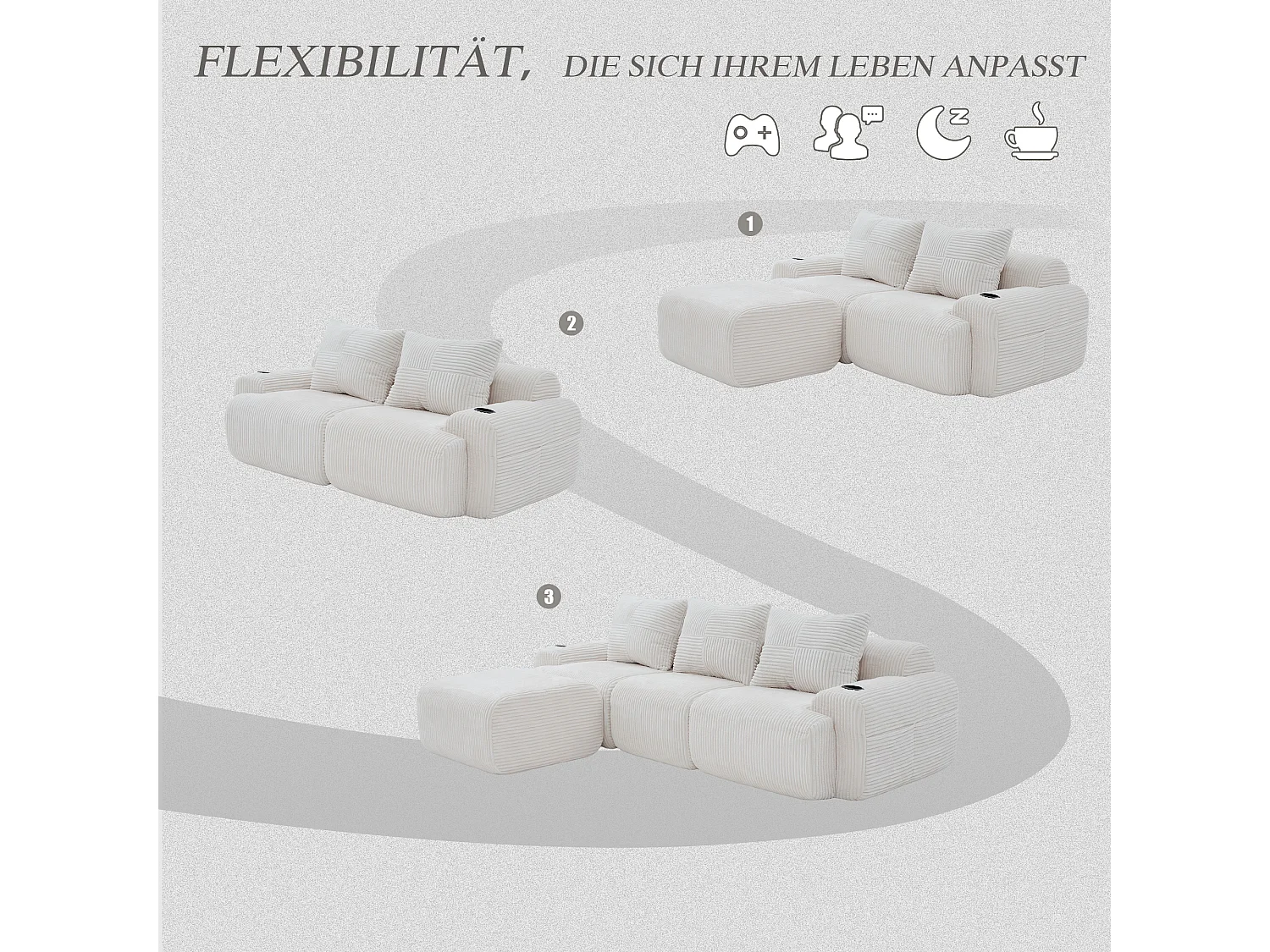 Canapé modulable 3 places - 268 x 174 x 80 cm - avec 1 poufs + porte-gobelets + poche de rangement - velours - beige