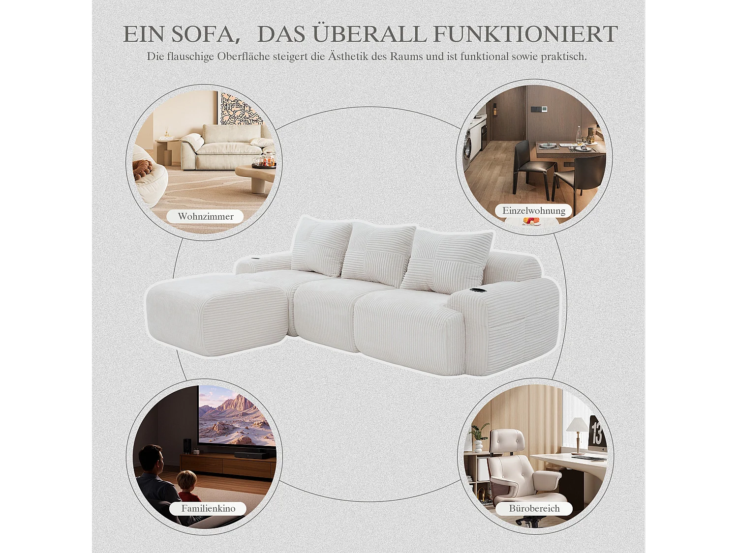 Canapé modulable 3 places - 268 x 174 x 80 cm - avec 1 poufs + porte-gobelets + poche de rangement - velours - beige