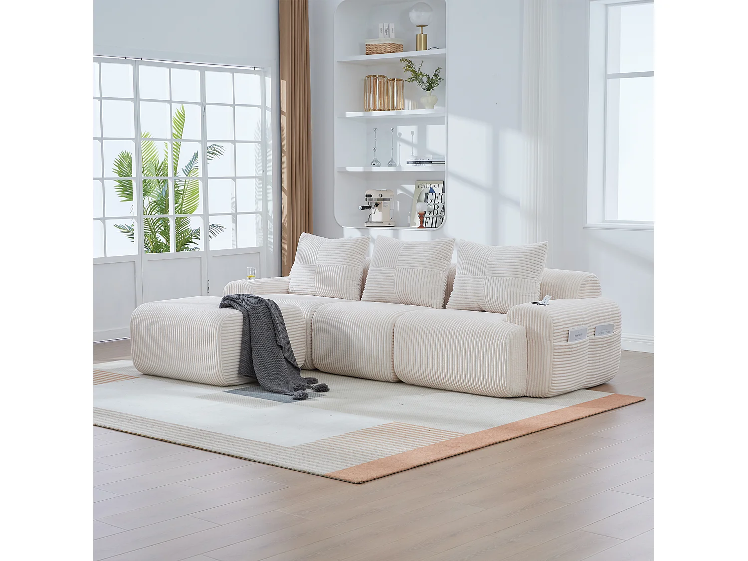 Canapé modulable 3 places - 268 x 174 x 80 cm - avec 1 poufs + porte-gobelets + poche de rangement - velours - beige