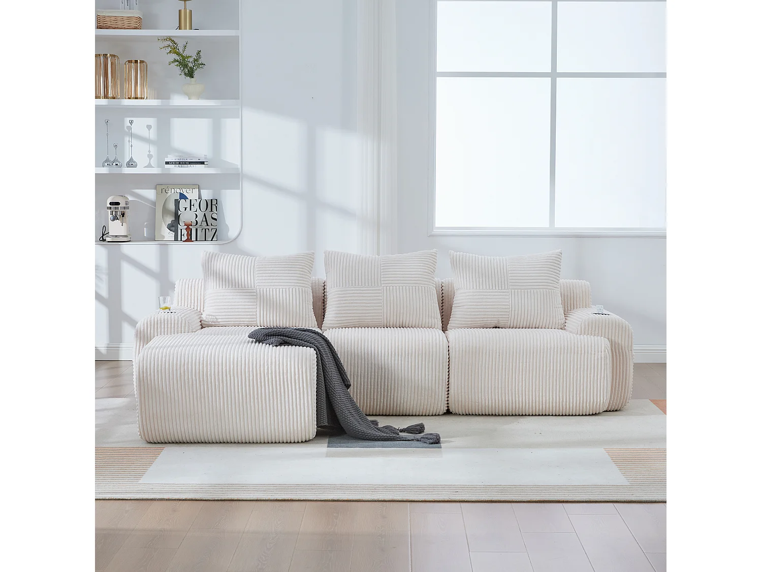 Canapé modulable 3 places - 268 x 174 x 80 cm - avec 1 poufs + porte-gobelets + poche de rangement - velours - beige