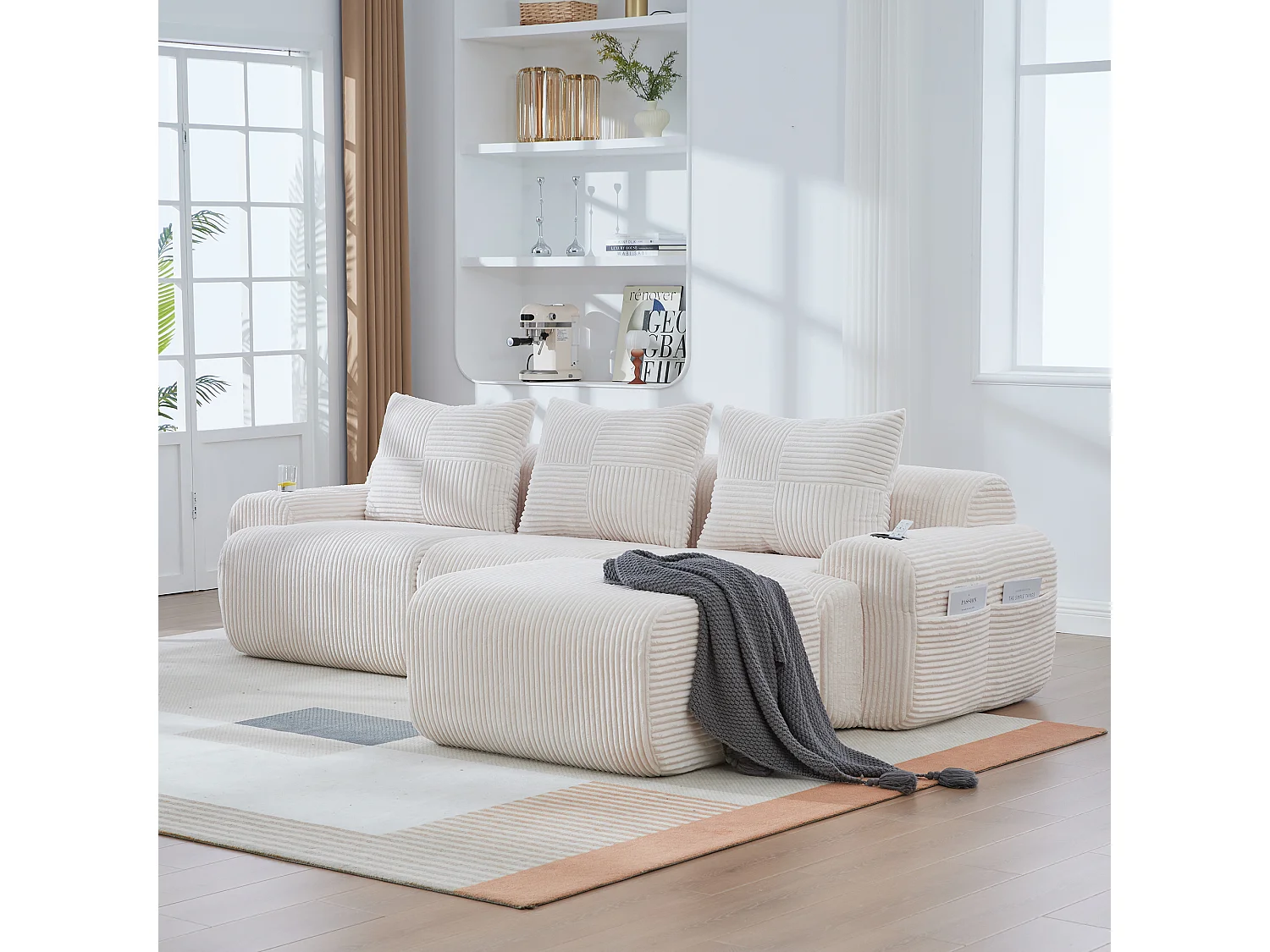 Canapé modulable 3 places - 268 x 174 x 80 cm - avec 1 poufs + porte-gobelets + poche de rangement - velours - beige