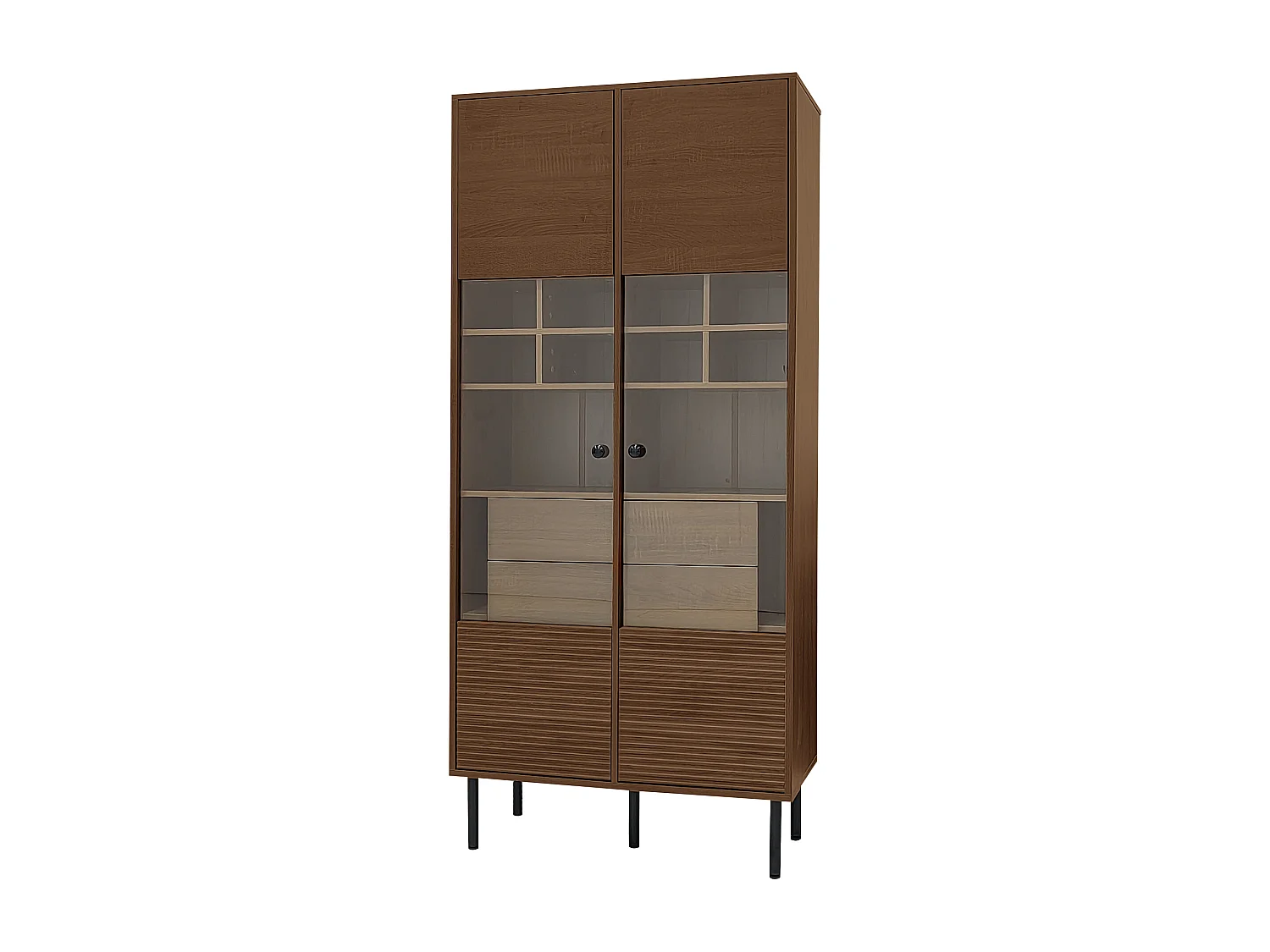 Vitrinekast met 2 glazen deuren en 4 lades - Donkere houtkleur