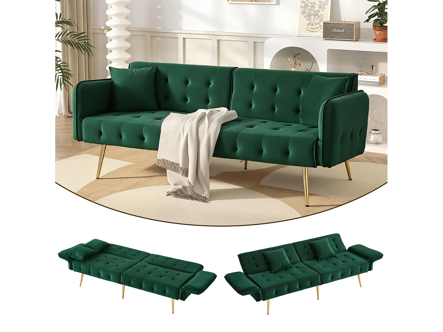 Canapé multifonctionnel 2 places - Dossier réglable - Accoudoirs réglables - Velours - Vert