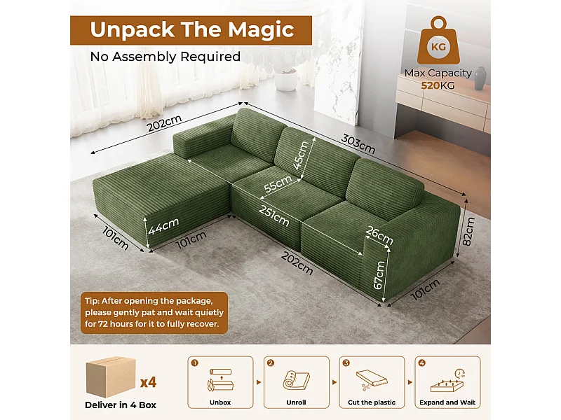 Canapé 3 Places modulable avec pouf - en Velours Côtelé - angle réversible - Vert - 303x202x82cm