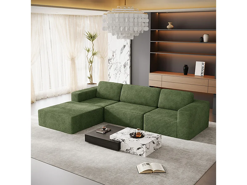 Canapé 3 Places modulable avec pouf - en Velours Côtelé - angle réversible - Vert - 303x202x82cm