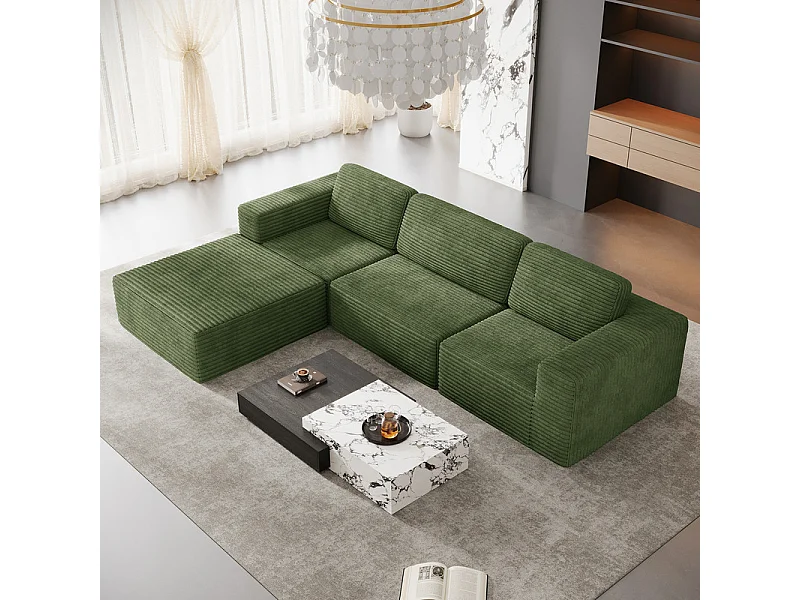 Canapé 3 Places modulable avec pouf - en Velours Côtelé - angle réversible - Vert - 303x202x82cm
