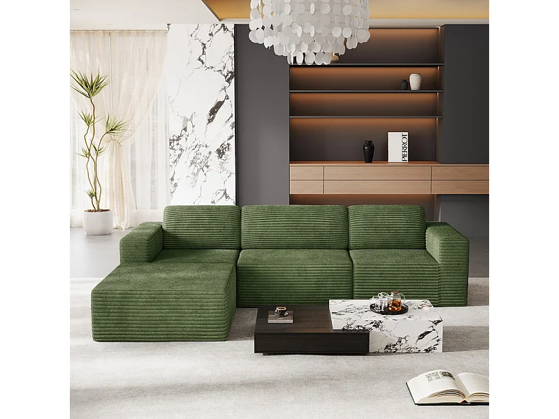 Canapé 3 Places modulable avec pouf - en Velours Côtelé - angle réversible - Vert - 303x202x82cm