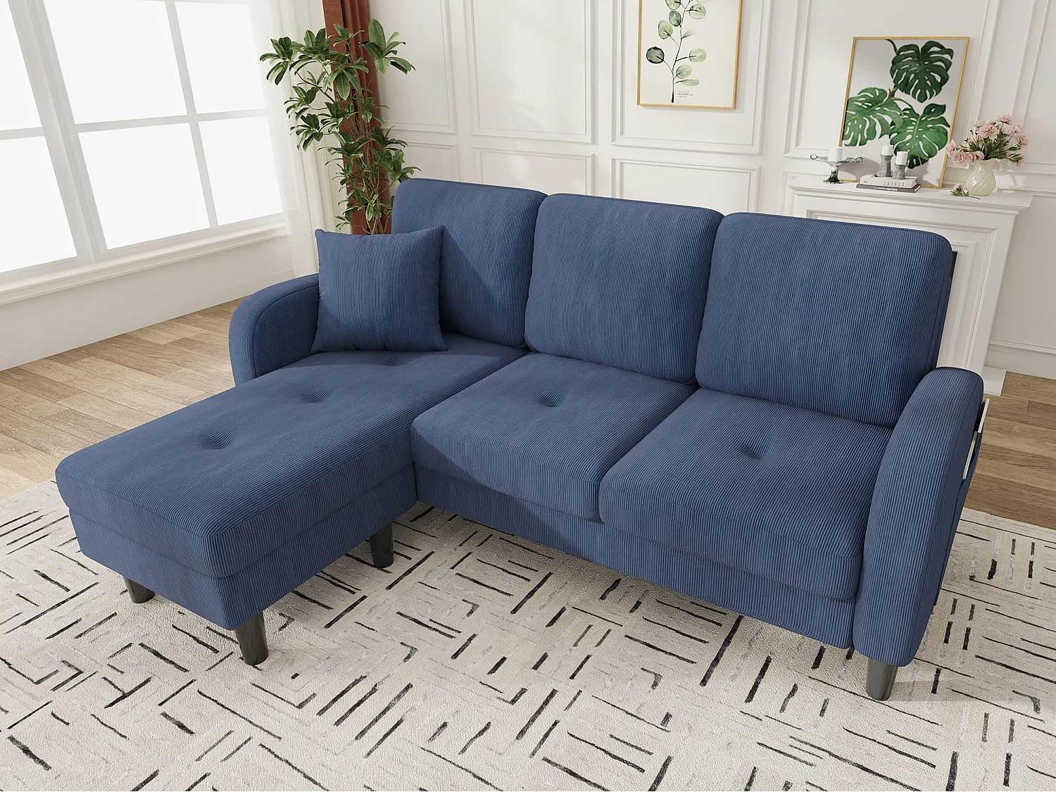 Canapé d'angle avec méridienne - 3 places - Velours côtelé - Bleu