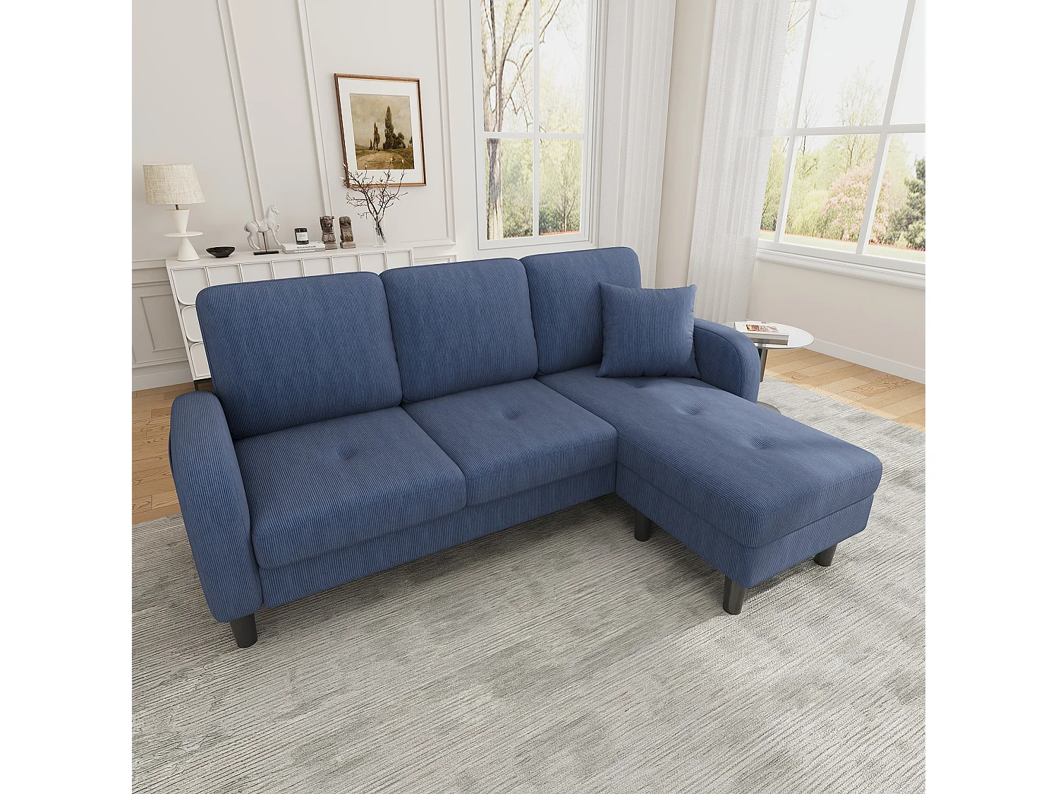 Canapé d'angle avec méridienne - 3 places - Velours côtelé - Bleu