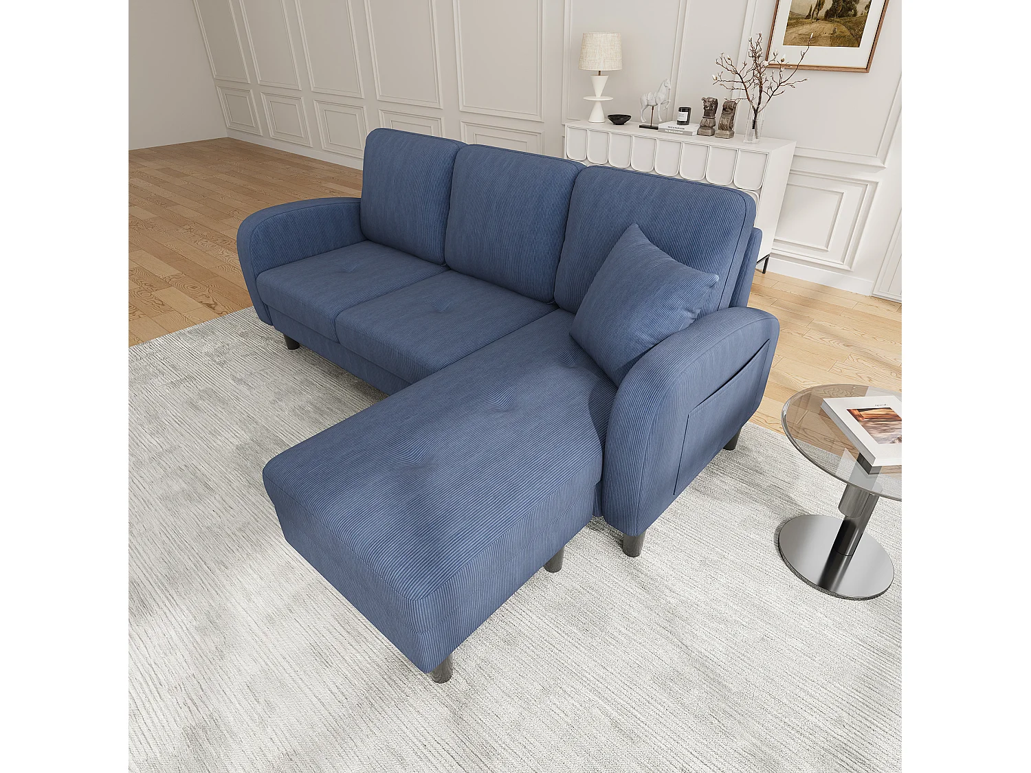 Canapé d'angle avec méridienne - 3 places - Velours côtelé - Bleu