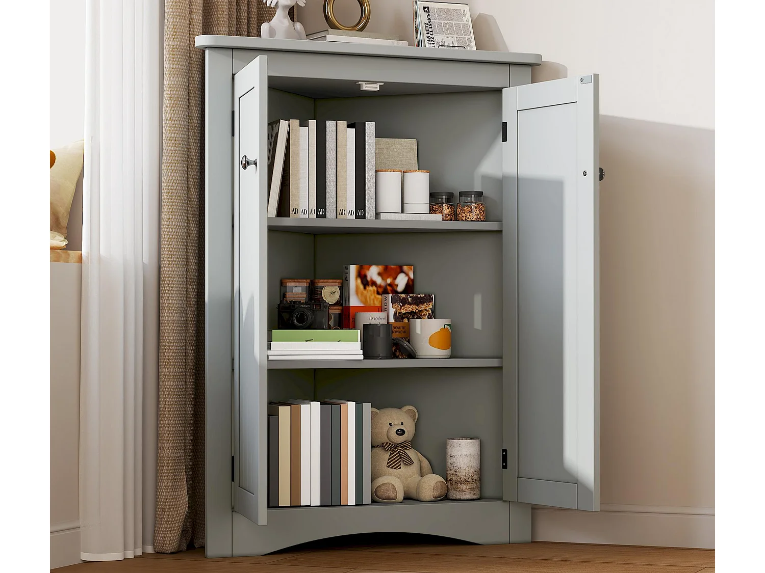 Colone d'angle de salle de bain - avec 2 portes - avec 3 étagères - étagères réglables - Gris