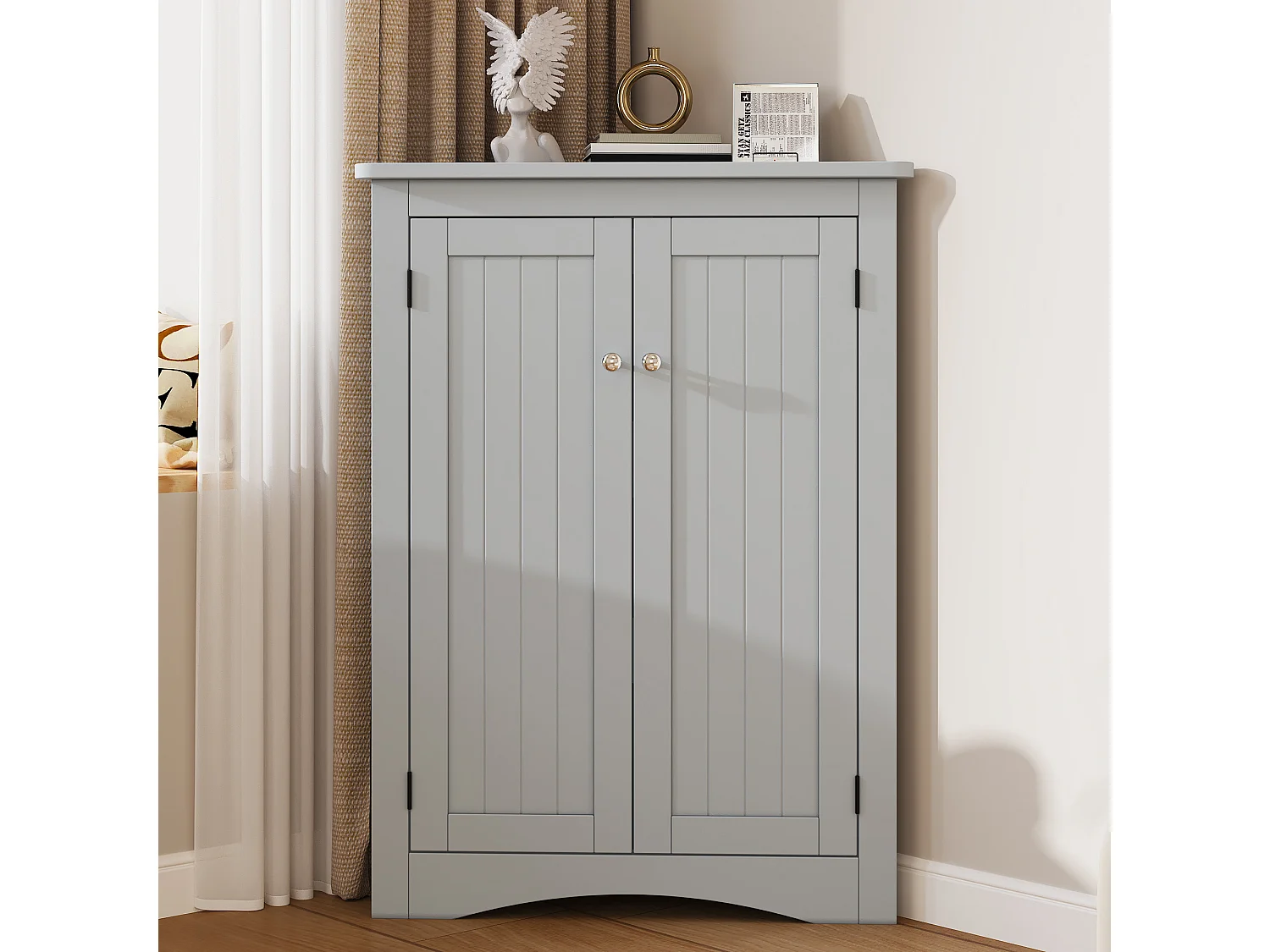 Colone d'angle de salle de bain - avec 2 portes - avec 3 étagères - étagères réglables - Gris