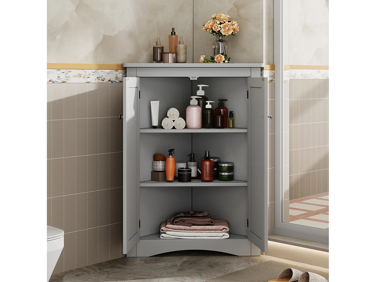 Colone d'angle de salle de bain - avec 2 portes - avec 3 étagères - étagères réglables - Gris