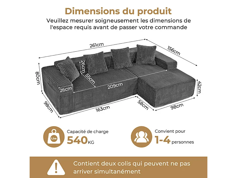Canapé 3 Places d'angle droite modulable, en Velours côtelé gris, avec 4 Coussins, méridienne et poche latérale, 261x156x80cm