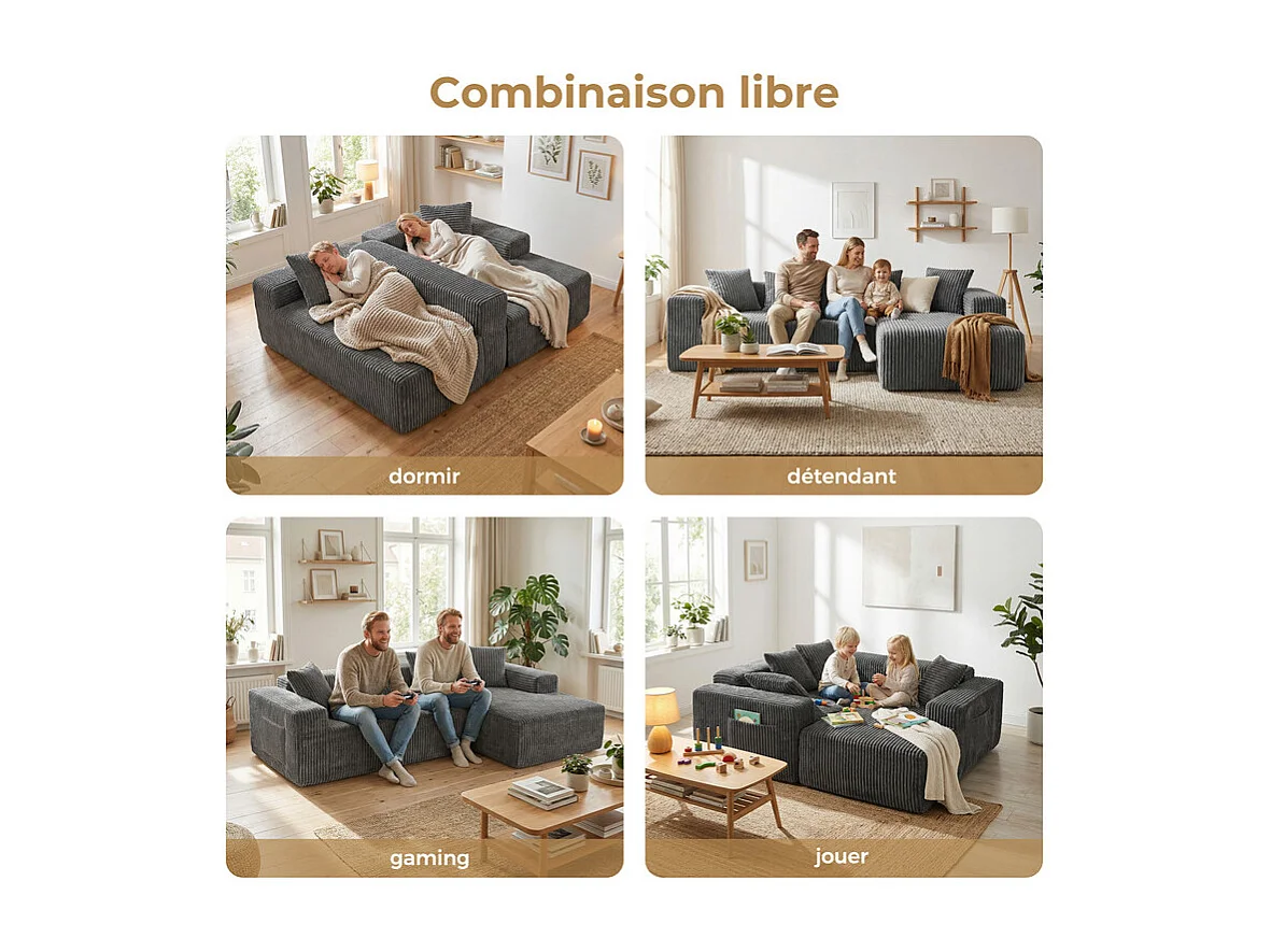 Canapé 3 Places d'angle droite modulable, en Velours côtelé gris, avec 4 Coussins, méridienne et poche latérale, 261x156x80cm