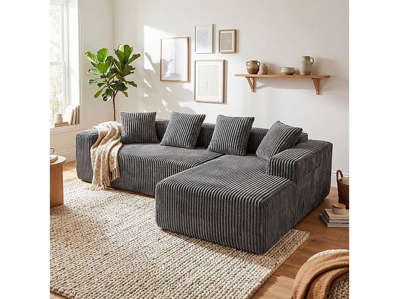 Canapé 3 Places d'angle droite modulable, en Velours côtelé gris, avec 4 Coussins, méridienne et poche latérale, 261x156x80cm