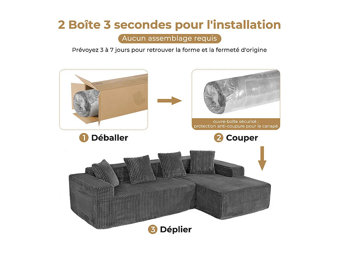 Canapé 3 Places d'angle droite modulable, en Velours côtelé gris, avec 4 Coussins, méridienne et poche latérale, 261x156x80cm