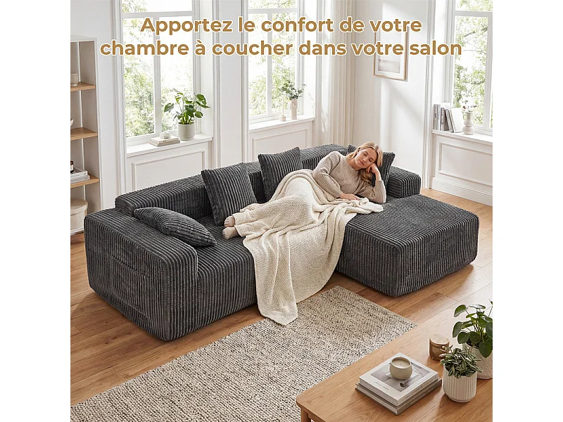 Canapé 3 Places d'angle droite modulable, en Velours côtelé gris, avec 4 Coussins, méridienne et poche latérale, 261x156x80cm
