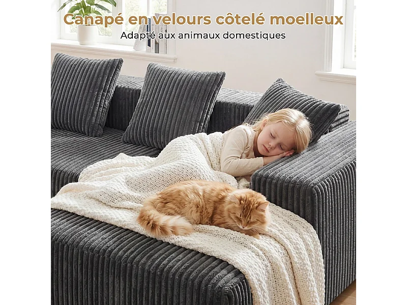 Canapé 3 Places d'angle droite modulable, en Velours côtelé gris, avec 4 Coussins, méridienne et poche latérale, 261x156x80cm