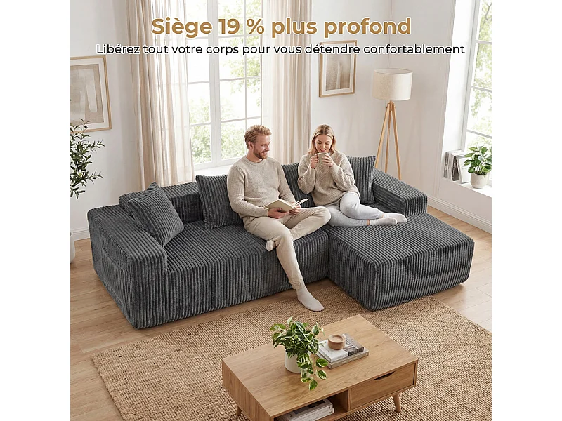 Canapé 3 Places d'angle droite modulable, en Velours côtelé gris, avec 4 Coussins, méridienne et poche latérale, 261x156x80cm
