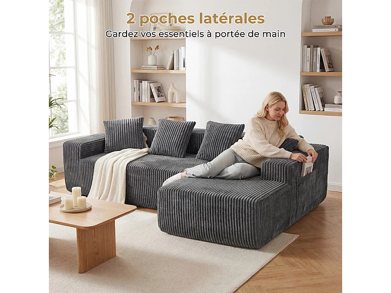 Canapé 3 Places d'angle droite modulable, en Velours côtelé gris, avec 4 Coussins, méridienne et poche latérale, 261x156x80cm