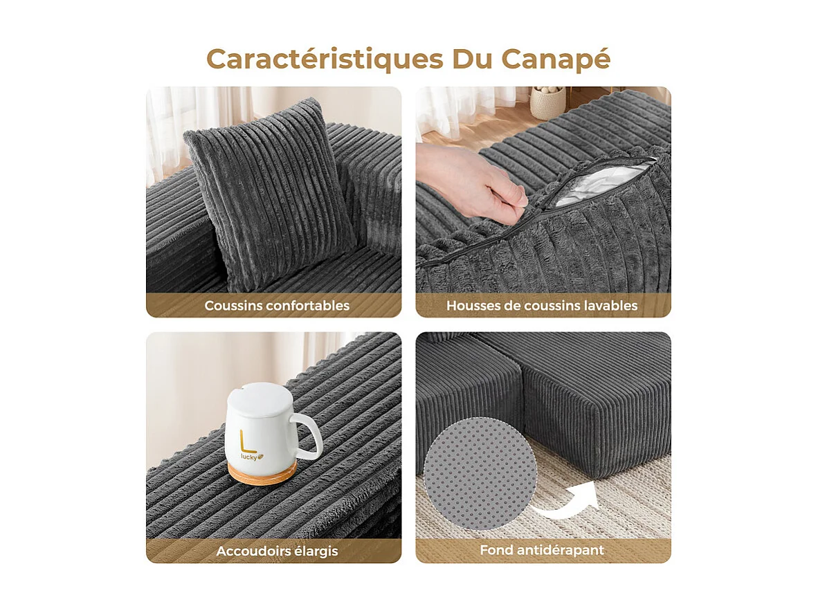 Canapé 3 Places d'angle droite modulable, en Velours côtelé gris, avec 4 Coussins, méridienne et poche latérale, 261x156x80cm