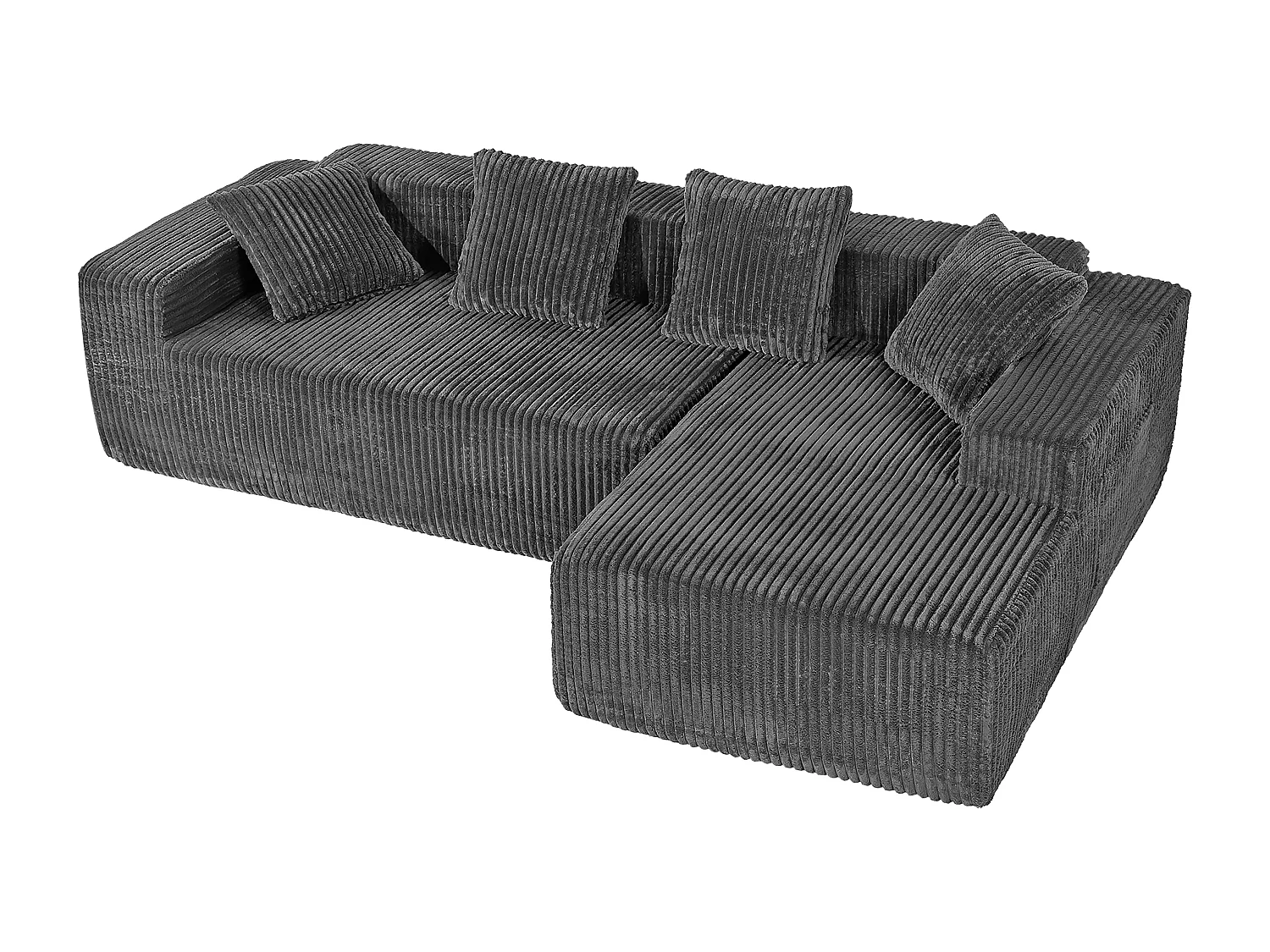 Canapé 3 Places d'angle droite modulable, en Velours côtelé gris, avec 4 Coussins, méridienne et poche latérale, 261x156x80cm