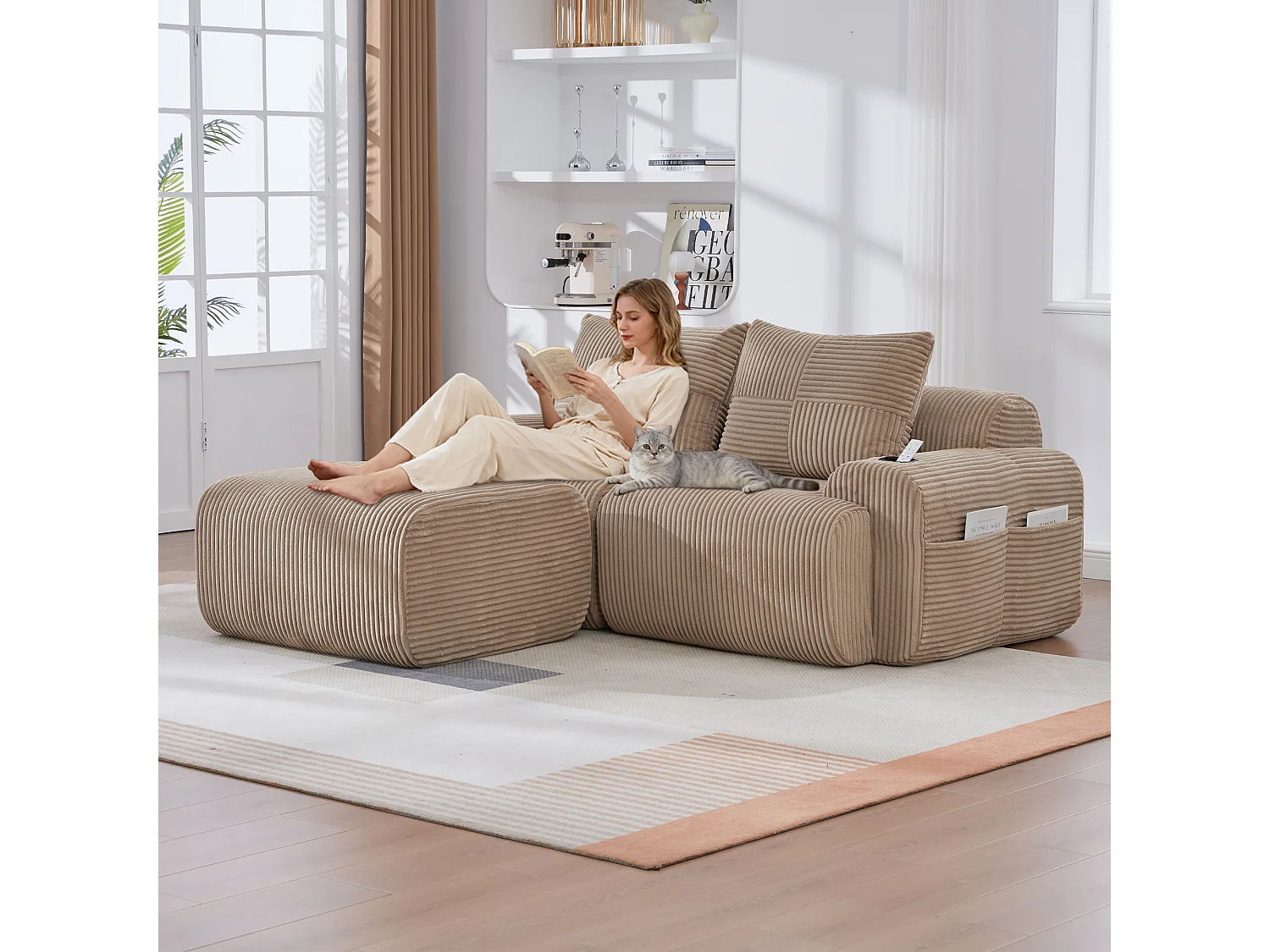 Canapé modulable 2 places - 200 x 174 x 80 cm - avec 1 poufs + porte-gobelets + poche de rangement - velours - kaki