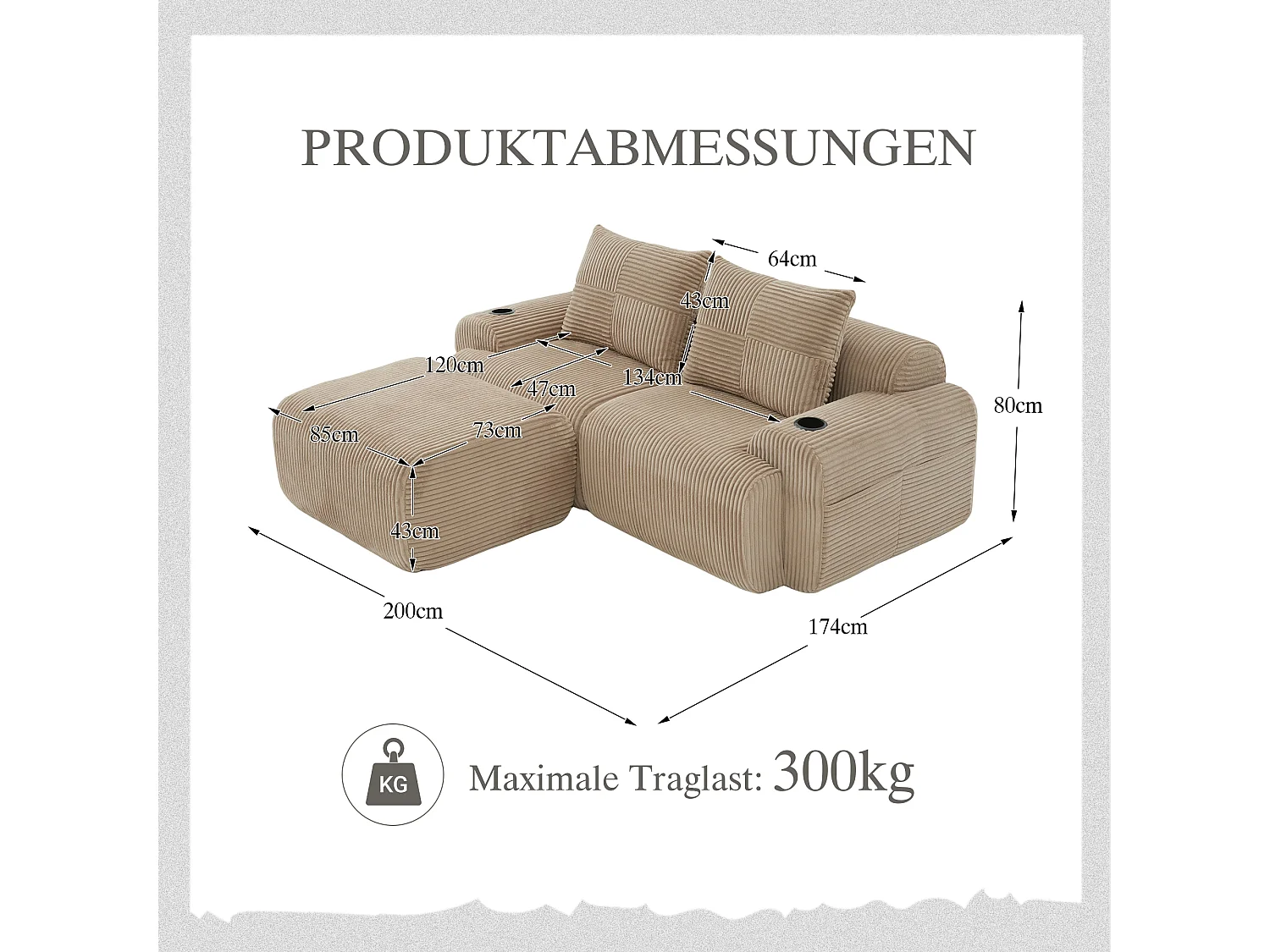 Canapé modulable 2 places - 200 x 174 x 80 cm - avec 1 poufs + porte-gobelets + poche de rangement - velours - kaki