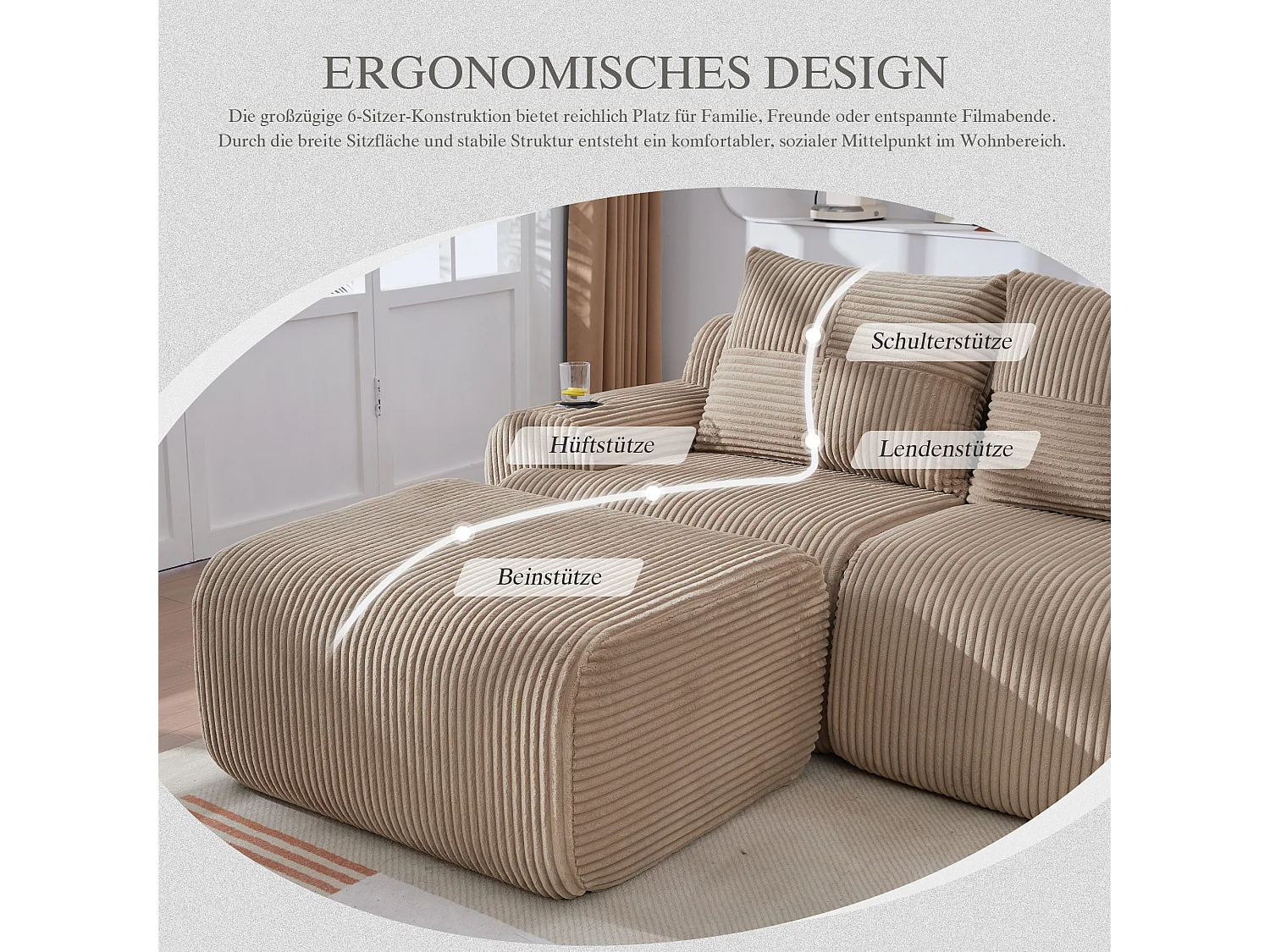 Canapé modulable 2 places - 200 x 174 x 80 cm - avec 1 poufs + porte-gobelets + poche de rangement - velours - kaki