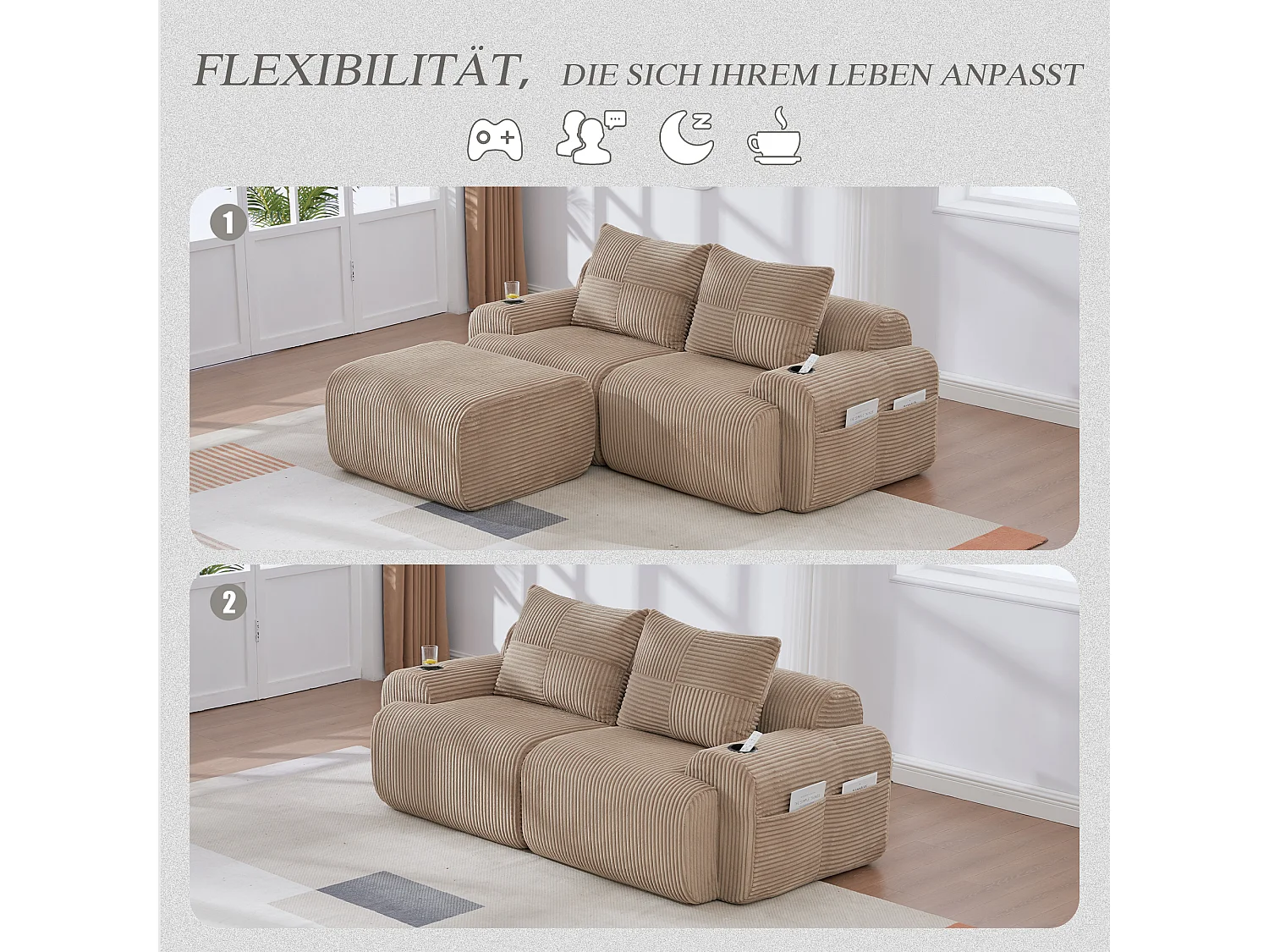 Canapé modulable 2 places - 200 x 174 x 80 cm - avec 1 poufs + porte-gobelets + poche de rangement - velours - kaki