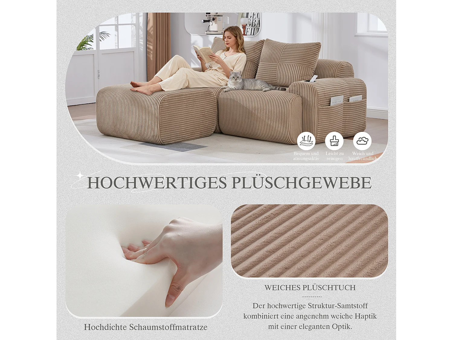 Canapé modulable 2 places - 200 x 174 x 80 cm - avec 1 poufs + porte-gobelets + poche de rangement - velours - kaki