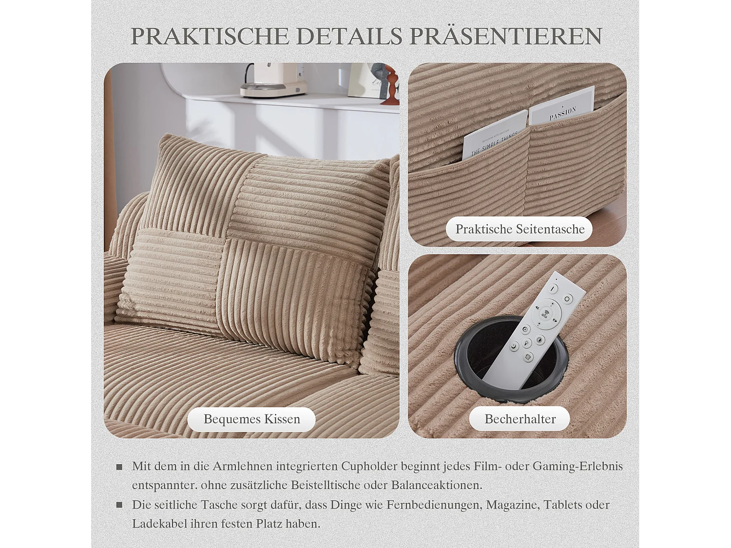 Canapé modulable 2 places - 200 x 174 x 80 cm - avec 1 poufs + porte-gobelets + poche de rangement - velours - kaki