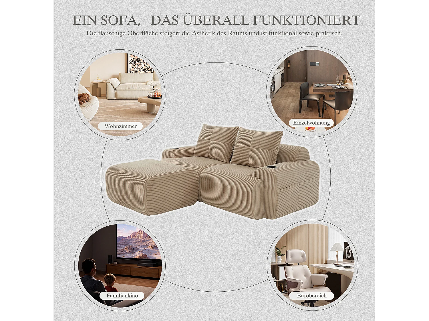 Canapé modulable 2 places - 200 x 174 x 80 cm - avec 1 poufs + porte-gobelets + poche de rangement - velours - kaki