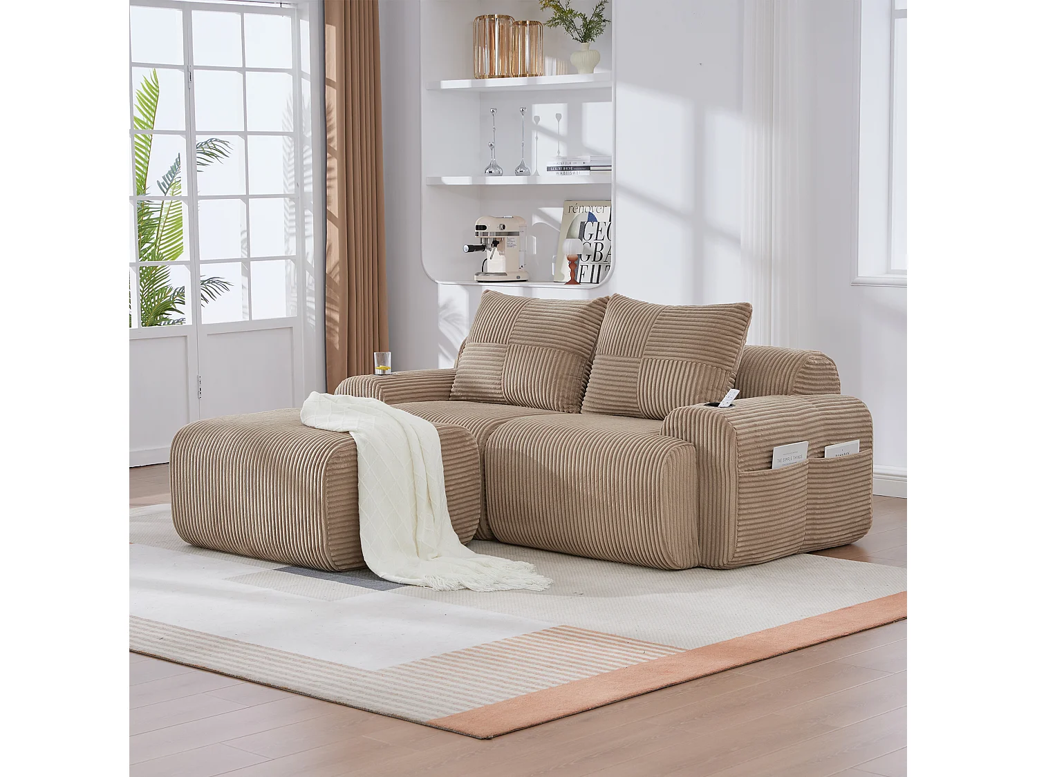 Canapé modulable 2 places - 200 x 174 x 80 cm - avec 1 poufs + porte-gobelets + poche de rangement - velours - kaki